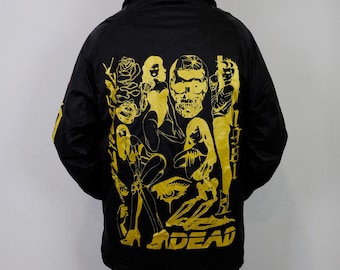 Cyberpunk 1981 Windbreaker – Gold Silkscreen Tattoo Art, Cyber Babes & Skulls, Streetwear by TheWolfRosario