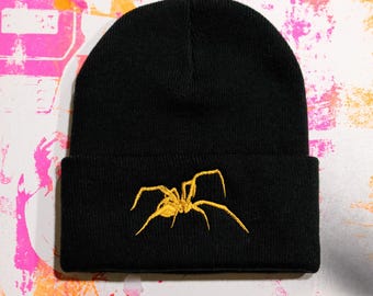 Gold Spider Beanie | Embroidered Knit Hat for Gothic Nature-Inspired Style by Fashionably Dead Club