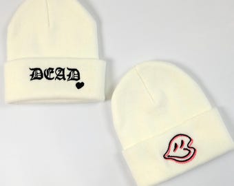 White Knit Beanie with Embroidered Art