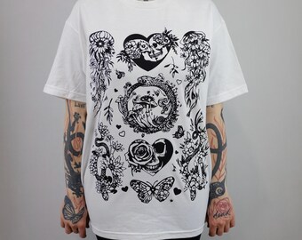 Skull & Jellyfish Tattoo T-Shirt: Surreal Unisex Flash Sheet