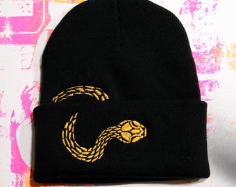 Snake Beanie: Embroidered Knit Hat in Black with Gold or White Thread