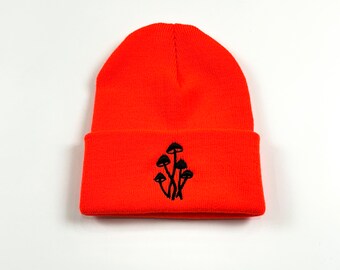 Neon Orange Embroidered Mushroom Winter Hat
