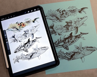 Ocean Garden Whales: Digital Print Sheet Tattoo Flash by Canadian Artist