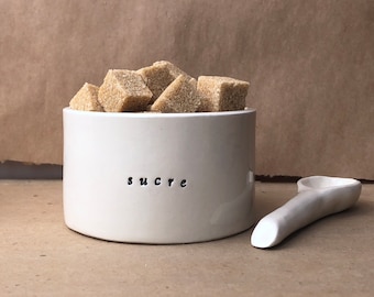 Sucre. Sugar Bowl And Spoon. Hand-built Ceramic Sugar Bowl. With Spoon. In French.
