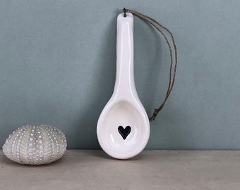 Heart Spoon. Small Ceramic Spoon. Hand-Made. Rustic Heart Kitchen Decor. With Wire Hanger And Hemp Cord.