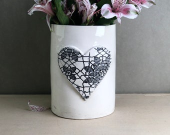 Heart. Ceramic Vase. Flower Vessel. With A Sewn-On Ceramic Heart Ceramic Appliqué.