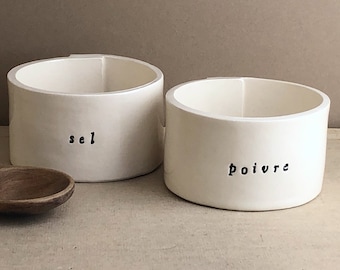 Sel et Poivre. Salt and Pepper Cellars. In French. Hand-Built Ceramic. Recycled Clay.