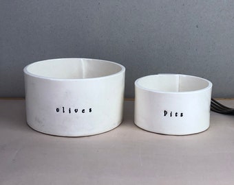 SALE. Second-ish. Olives and Pits. Nesting Hand-Built Ceramic Bowls. With Olive Green Letters. Olive Bowl. Pit Bowl.  2" Tall Olive Bowl.