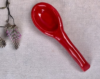 Red Ceramic Spoon. Hand-built Fired Clay Spoon In Red. Food-safe, Non-toxic glaze. Hand-made Spoon.