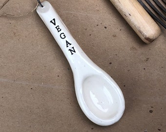 SALE. Vegan Spoon. Small Hanging Ceramic Spoon. Hand-Made. Vegan Kitchen Decor. Vegan Potluck Food Marker.  With Black Letters.