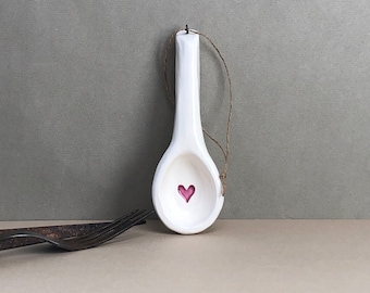 Heart Spoon. Small Ceramic Spoon. Hand-Made. Rustic Heart Kitchen Decor. With Wire Hanger And Hemp Cord.