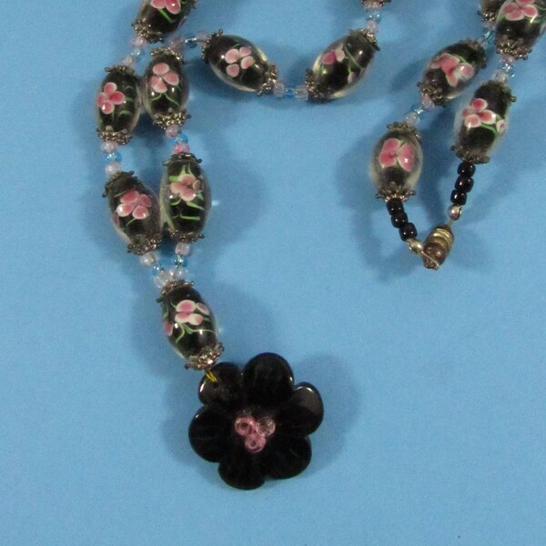 Vintage Cloisonne Style Floral Glass Bead Necklace, Black Shell Pendant