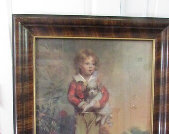 Antique Framed Print Boy With His Dog Burled Style Frame