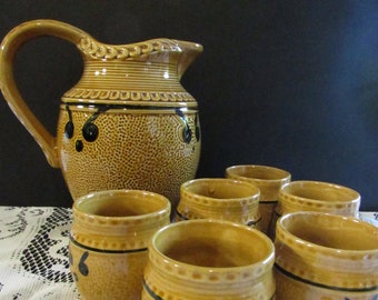 Vintage Mid Century Ceramic Pitcher and Glasses Set of 7 Mediterranean Style