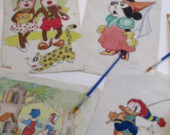 Antique Lot of Original Watercolors Set of 4 Whimsical OOAK Drawings