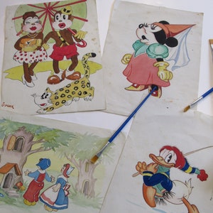 Lote antiguo de acuarelas originales. Juego de 4 dibujos originales extravagantes