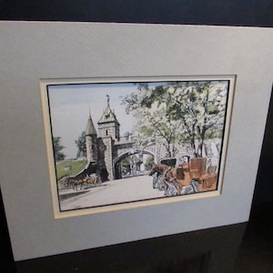 Vintage Alain Couture Original Colored Pen and Ink Porte St. Louis Canadian Cityscape