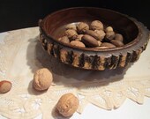 Vintage Wood Nut Bowl Mid Century Tree Bark Edge Nut Bowl with Handles Rustic Primitive Cabin Decor Handpainted