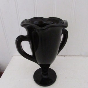 Vintage Black Amythest Depression Glass Art Deco Footed Vase Handled URN Home Decor Collectible Glass Modernist Art Vase
