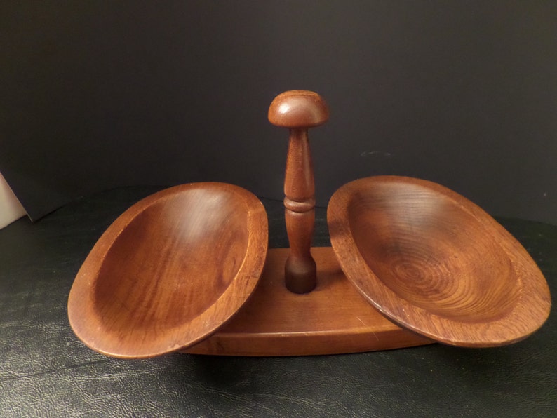 Vintage Wooden Serving Bowl Dual Bowl Mid Century 画像 5