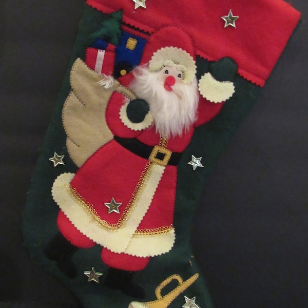 Vintage Applique Santa Stocking OOAK Circa 1950's