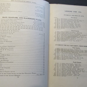 Pu&ograve; includere: Una pagina in bianco e nero di un libro intitolato "The Illustrative Lesson Notes" con un elenco di mappe, diagrammi e piani per la lavagna per lezioni sulla Bibbia. La pagina include anche un elenco di lezioni per l'anno 1902, tra cui studi sul Libro degli Atti e sul Vecchio Testamento.