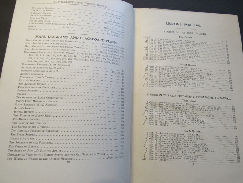 Pu&ograve; includere: Una pagina in bianco e nero di un libro intitolato "The Illustrative Lesson Notes" con un elenco di mappe, diagrammi e piani per la lavagna per lezioni sulla Bibbia. La pagina include anche un elenco di lezioni per l'anno 1902, tra cui studi sul Libro degli Atti e sul Vecchio Testamento.