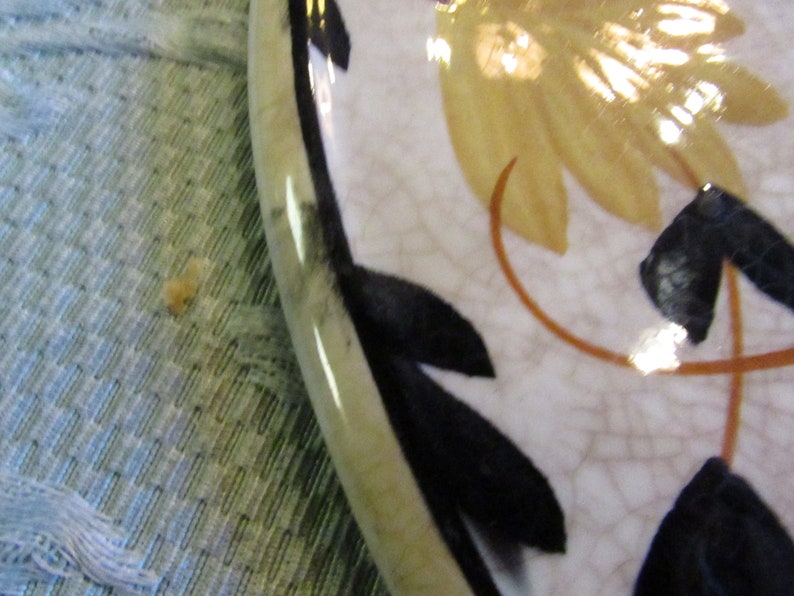 May include: A section of a decorative plate with a floral design. The plate has a white background with a cracked glaze effect. Black leaf shapes and yellow flower petals are visible, along with a thin brown stem.