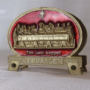 Vintage Souvenir Jerusalem Emaille Messing Letzte Abendmahl Serviette Briefhalter Caddy