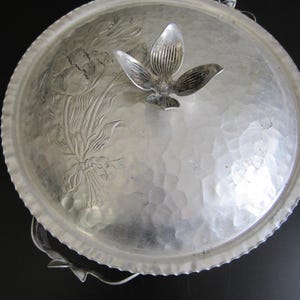 Vintage Hammered Aluminum Serving Lidded Bowl Ornate Engraved Floral Pattern Lid Mid Century