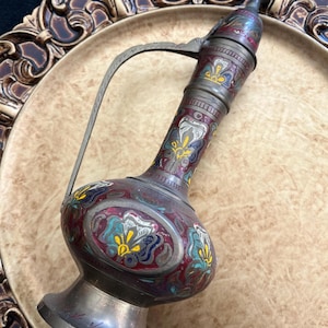 Vintage Decorative Brass Surahi Ewer Aftaba Pitcher Incense Collectible Middle Eastern Genie Lamp