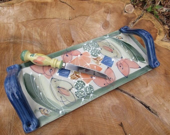 Vintage Rectangular Handled Ceramic Cheese Board with Matching Knife San Remo by Nanette Vacher for Ambiance Collections