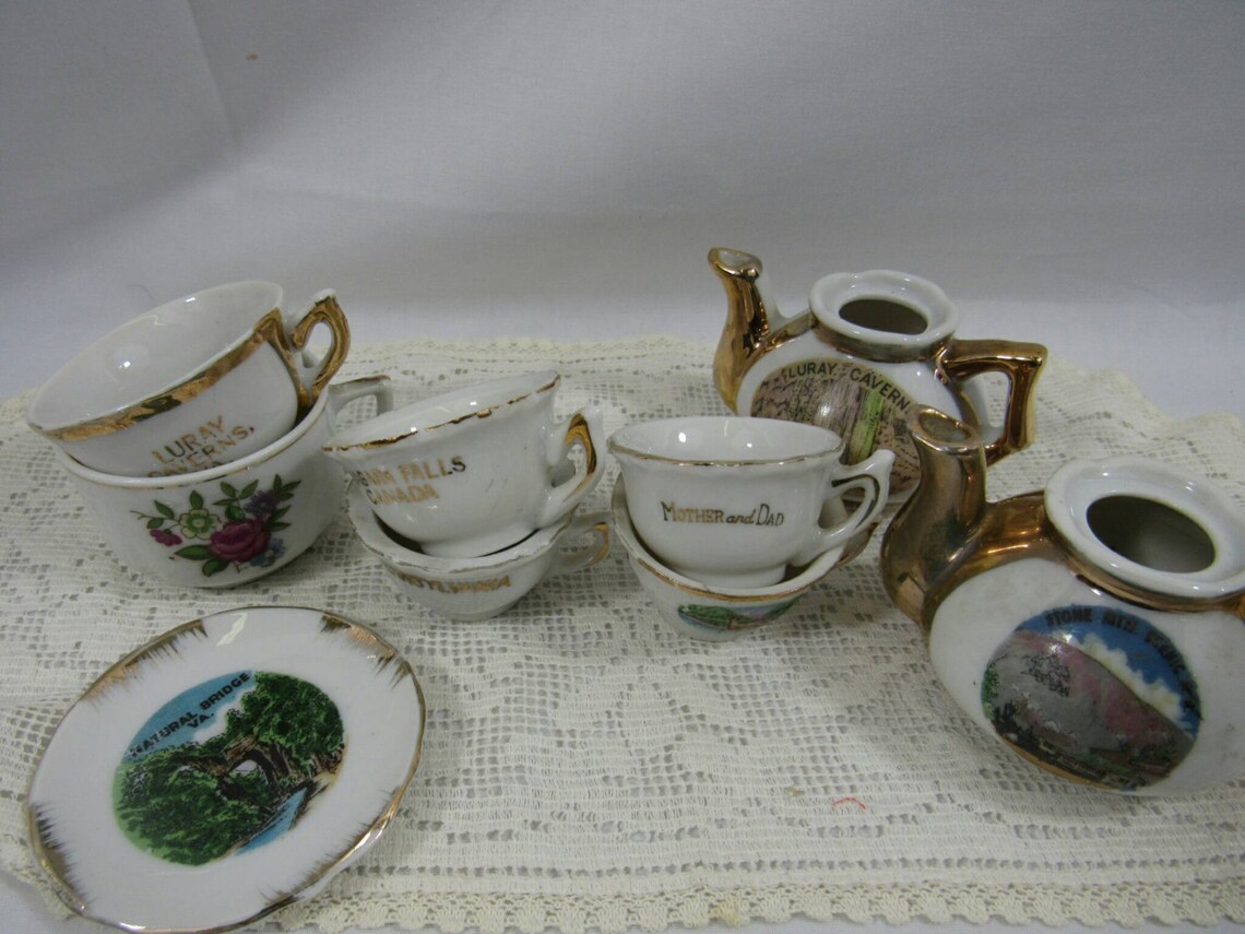 Vintage Miniature China Tea Set Souvenir Tea Pots Tea Cups Etsy