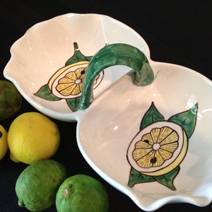 Vintage Divided Serving Bowl Lemons Haldon Group Pottery Mediterranean Style Cheery Kitchen Decor