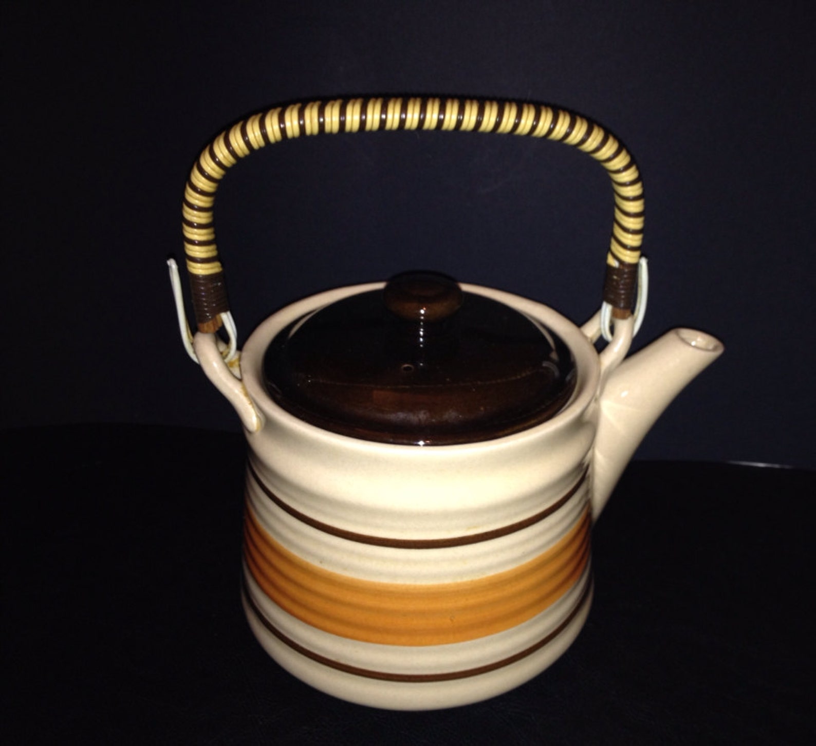 Vintage Mod Stoneware Teapot Rattan Handle Etsy