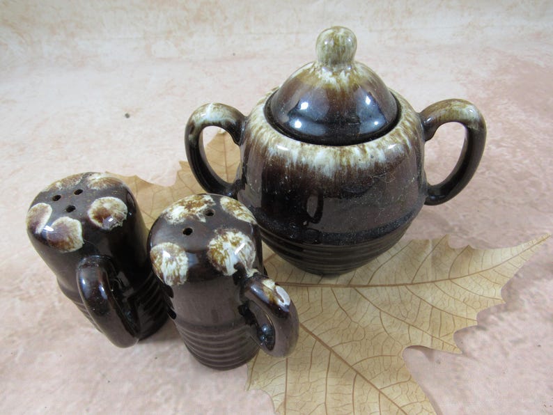 Vintage Red Glazed Drip Pottery Sugar Bowl Creamer and Salt Pepper Set Japan Glazed Brown Rustic Pottery Set of 4 Serving/Hostess Set image 2