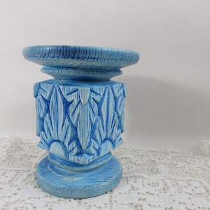 Vintage Boho Chalkware Candleholder Antiqued Finish Blue Pillar Candleholder Mod Flower Pattern Patio Mood Lighting