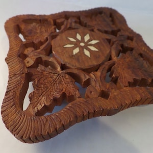 Vintage Wooden Carved Footed Trivet India Set of 2