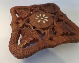Vintage Wooden Carved Footed Trivet India Set of 2