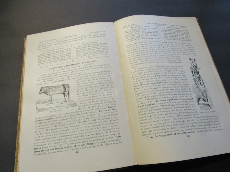 Pu&ograve; includere: Un libro aperto con illustrazioni e testo in bianco e nero. Il libro &egrave; aperto alle pagine intitolate "Primo studio: Il significato reso chiaro" e "Il vitello d'oro". Il testo tratta della storia degli Israeliti e del loro viaggio fuori dall'Egitto.