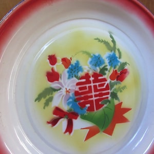 Vintage Retro Painted Stenciled Enamel Serving Tray Oversized Round Tray