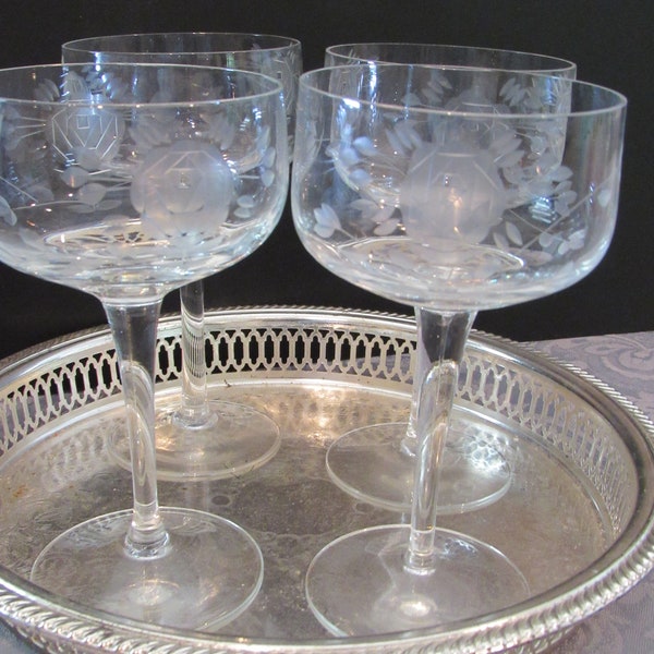 Antique Crystal Etched Rose Pattern Stemware Glassware in Various Sets Coupes Wine Cordials Sherry