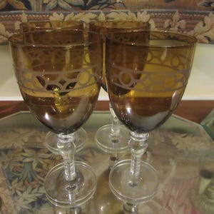 Vintage Etched Amber Colored Wine Goblets Set of 4