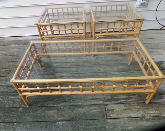 Vintage Rattan Coffee End Tables Set of 3 Etsy