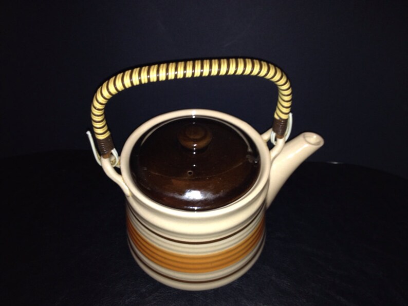 Vintage Mod Stoneware Teapot Rattan Handle Etsy