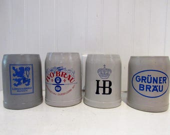 Vintage Authentic German Stoneware Beer Mugs Lowenbrau  Gruner Brau IVO Brau HB German Beer Cave Salt Glaze .5 Liter EACH