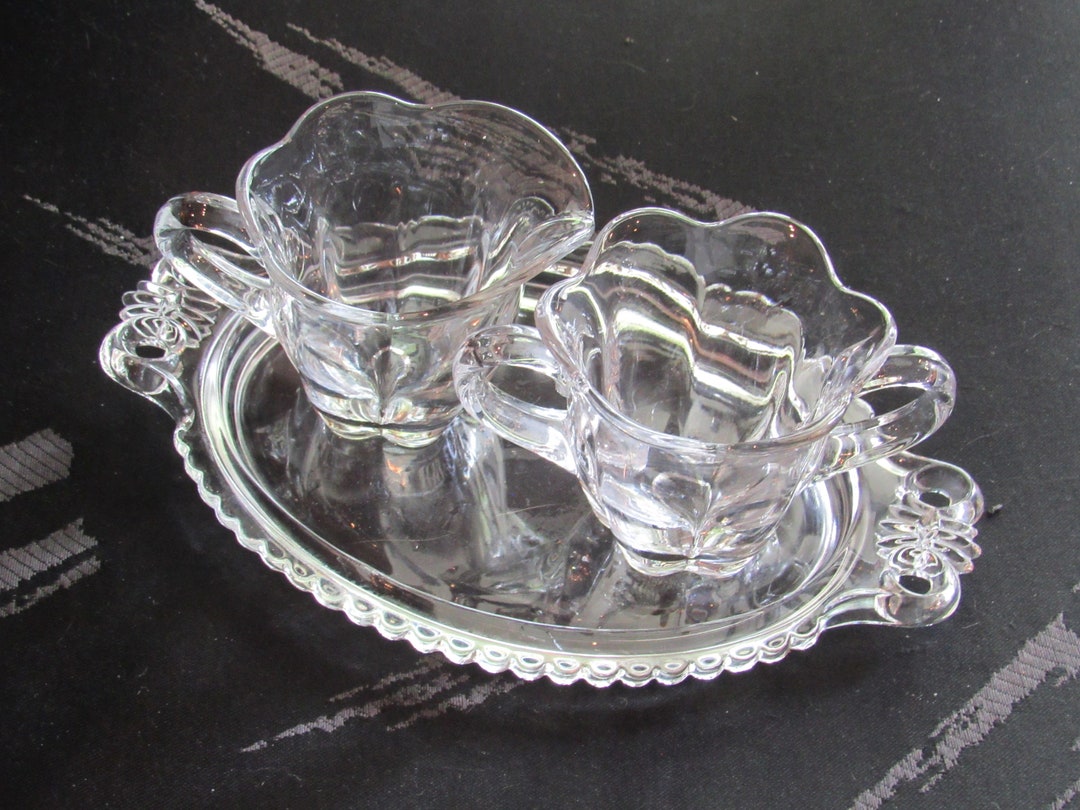 Vintage Clear Pressed Glass Creamer and Sugar Bowl Set With Tray Etsy