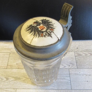 Antique Early Primitive German Beer Tankard Stein Porcelain Pewter Inlay Lid Weimar Republic Era German Eagle RARE