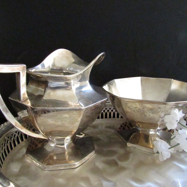 Vintage Monogrammed Silverplate Sugar Bowl and Creamer Empire Style Neo Classical Victorian Tabletop Formal Entertaining Serving