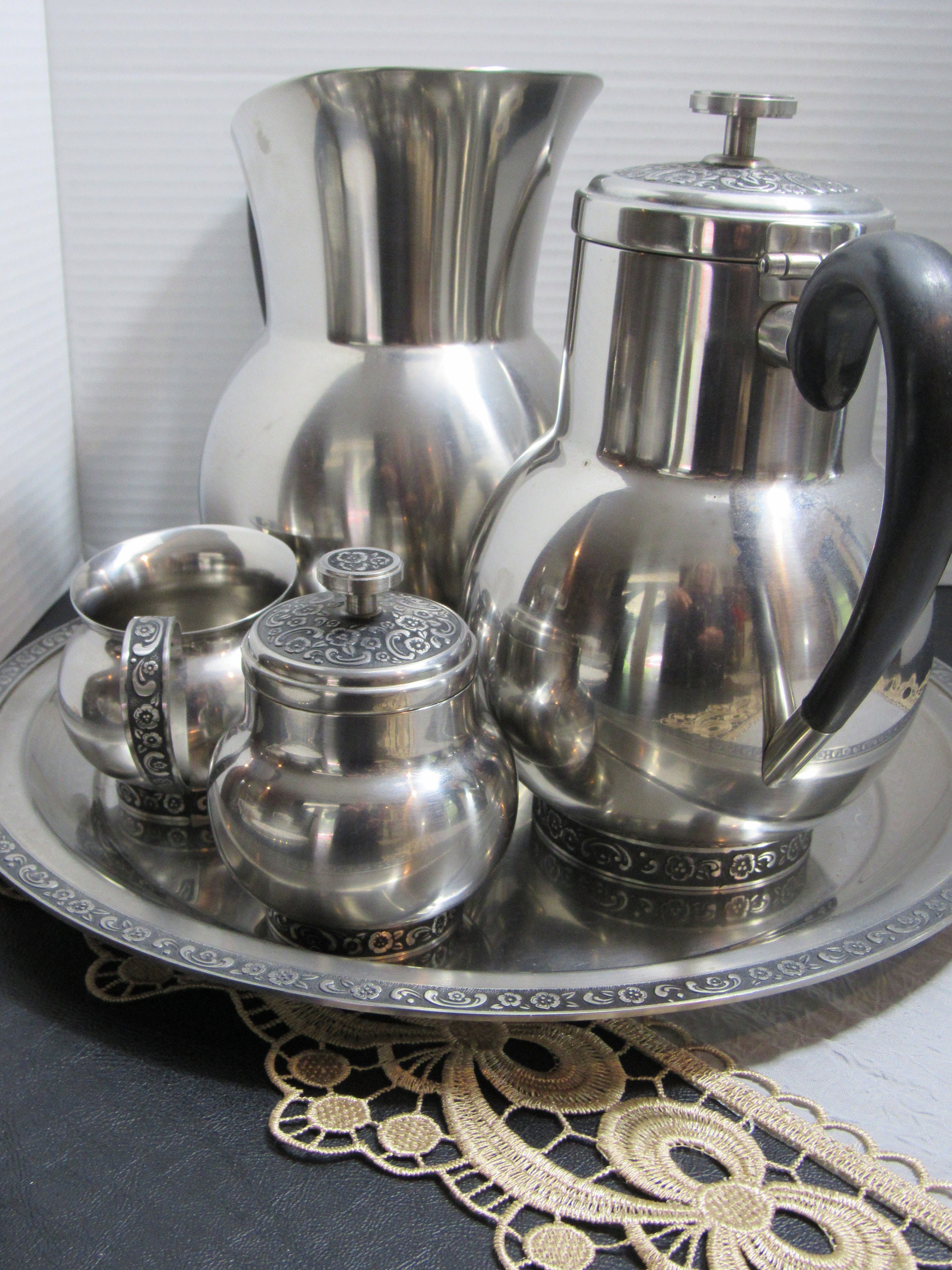 未使用・ONEIDA/オナイダ、洋食器、コーヒー4点セット、18／8ステンレス Vintage MCM 18/8 Stainless Steel Oneida Custom Mediteranea Pattern